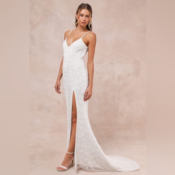 Lulus-Everlasting Vows White Beaded Sequin Mermaid Maxi Dress (M/XL/S) - Picture 3 of 5
